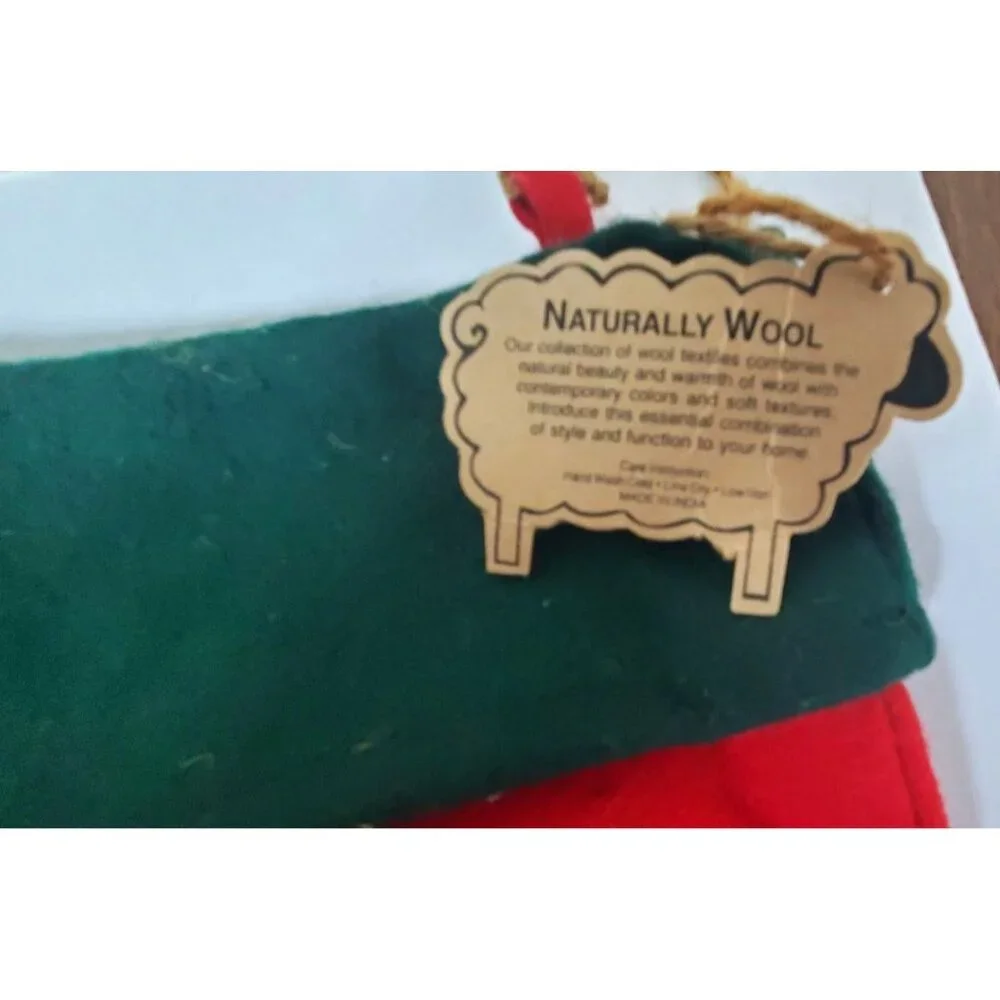 Set Of 4 Naturally‎ Wool Christmas Stockings With Green Cuffs & Tree Design